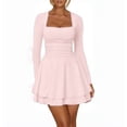 thumbnail image 1 of Women's Square Neck Ruffle Hem Mini Dress Ruched Waist Long Sleeve Short Party Dresses, 1 of 6
