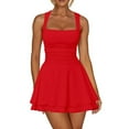 thumbnail image 1 of Women's Square Neck Ruffle Hem Mini Dress, Ruched Waist Short Party Dresses, Multicolor, S-XL, 1 of 6