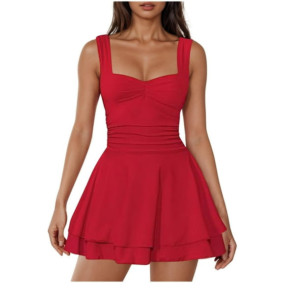 Women's Square Neck Ruffle Hem Mini Dress Ruched Waisted A Line Homecoming Cocktail Party Short Dress Trendy 2025