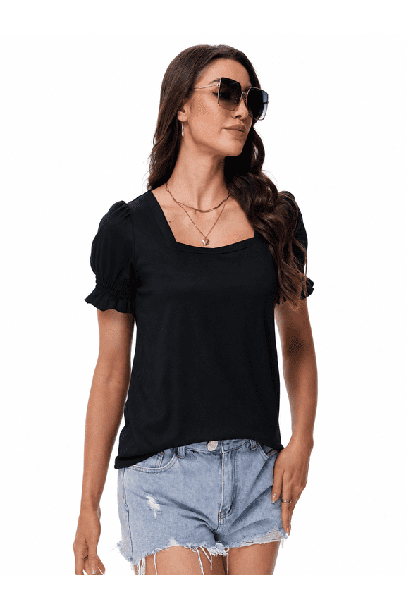 Women's Square Neck Ruffle Short Sleeve T-Shirt, S-3XL