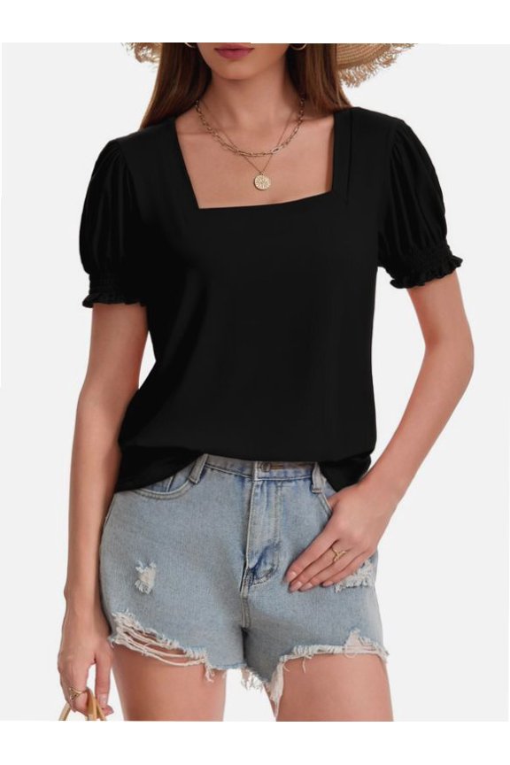 Women's Square Neck Ruffle Tops Loose Casual T-Shirt Summer Puff Sleeve Short Sleeve Tops Black XXL