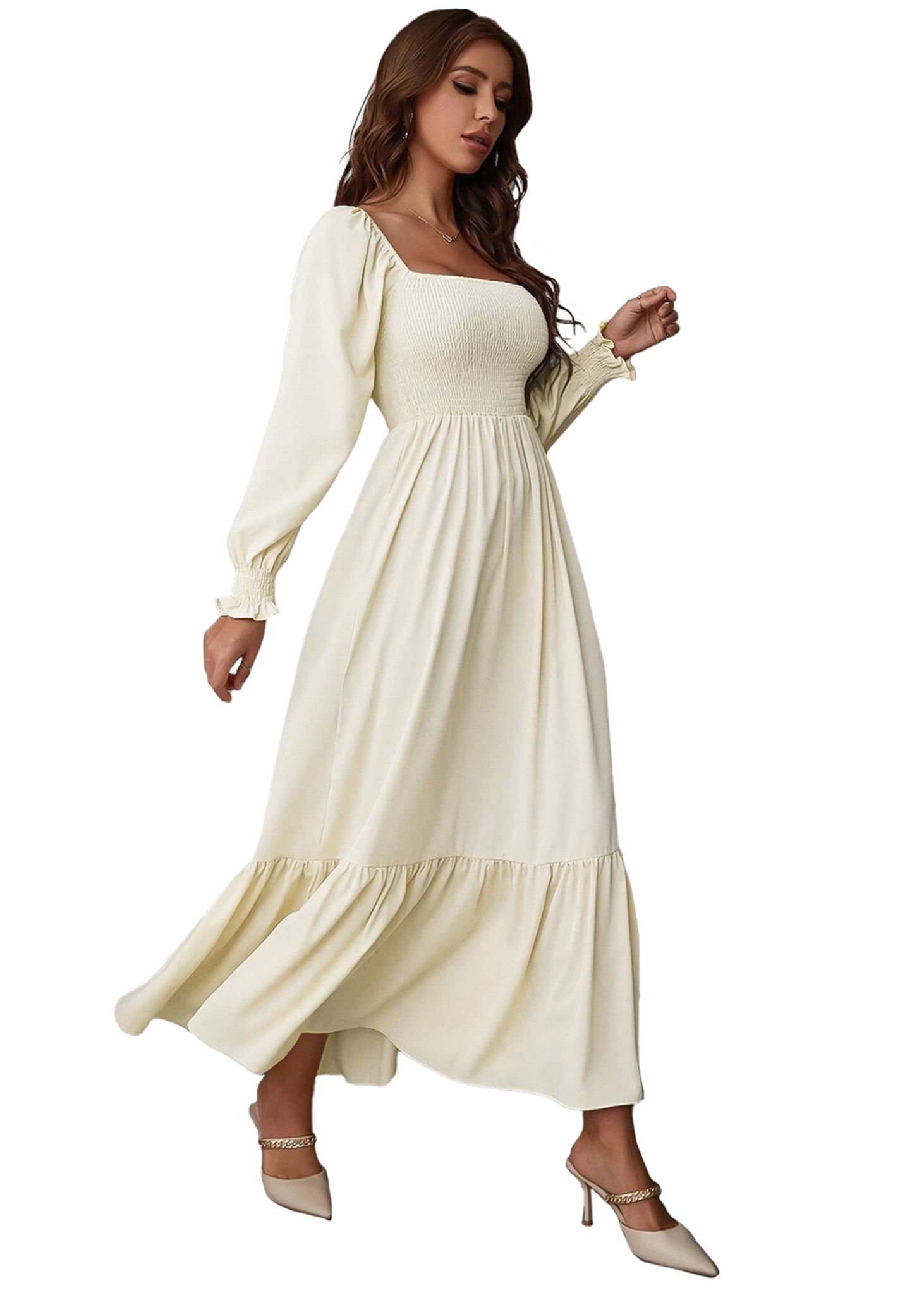 Walmart Women's Beige Maxi Dress with Square Neck, Shirred Bodice, Ruffle  Hem, Long Sleeves, Size X-Large - Walmart.com