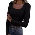 thumbnail image 1 of Women's Square Neck Shirt Comfy Ribbed Pullover Top Fashion Solid Long Sleeve Blouse Slim Fitted Casual Basic Tee Pleated Waist Crop Top 2025 Fall Trendy Outfits, 1 of 6
