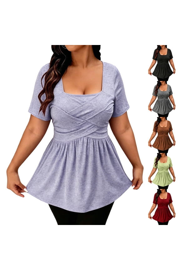 Women's Square Neck Shirts Liweisiy Summer Criss Cross Tunic Short Sleeve Tops Wrinkle Slim Dance Peplum Shirts Dark Gray L
