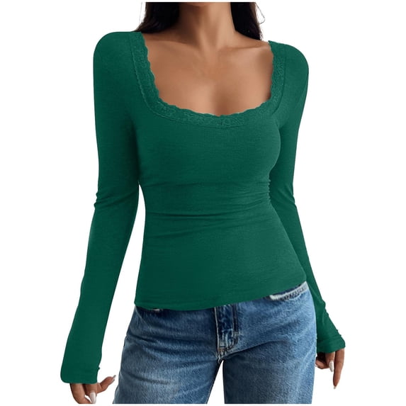 Women's Square Neck Shirts Sexy Lace Patchwork Pullover Fashionable Solid Color Slim Fit Blouse Round Neck Long Sleeved Top Versatile Daily Basic Base Shirt