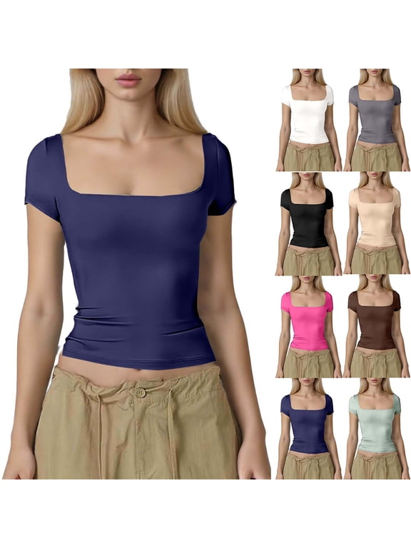 Women's Square Neck Short Sleeve Double-Layer Tops Basic Slim Fit Crop Tops Going Out Summer T Shirt White,Size XS