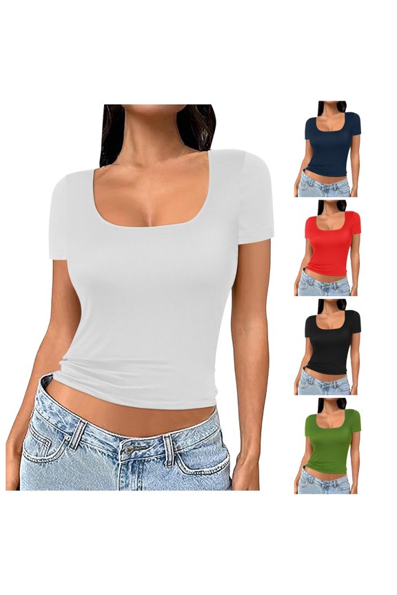 Women's Square Neck Short Sleeve Double Layer Tops Basic Slim Fit Going Out T Shirt Tops