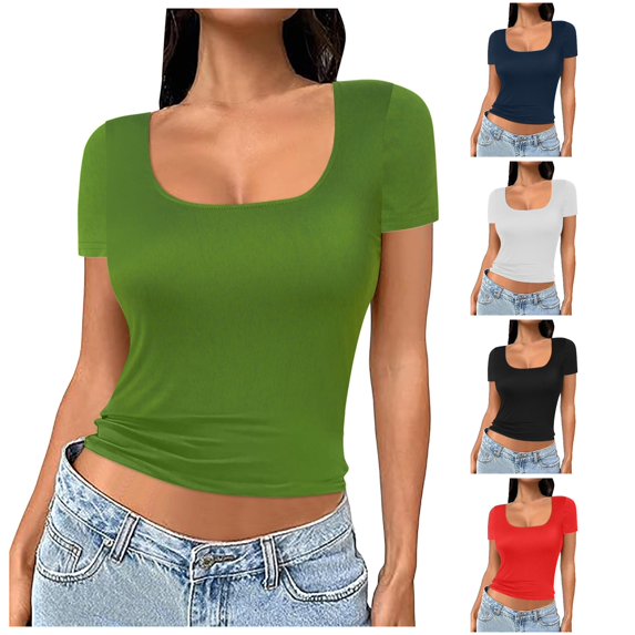 Women's Square Neck Short Sleeve Double Layer Tops Basic Slim Fit Going Out T Shirt Tops