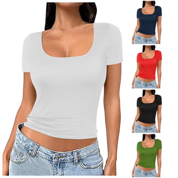 Women's Square Neck Short Sleeve Double Layer Tops Basic Slim Fit Going Out T Shirt Tops