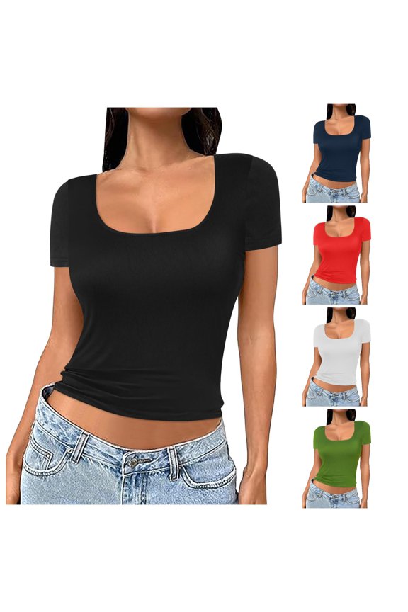 Women's Square Neck Short Sleeve Double Layer Tops Basic Slim Fit Going Out T Shirt Tops