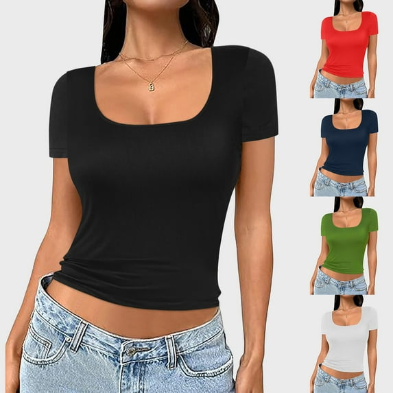 Women's Square Neck Short Sleeve Double Layer Tops Basic Slim Fit Going Out T Shirt Women's Athletic Tops Woman Fitness Fitness Tops for Women Athletic Tops for Women Work Out Clothes Women Womens
