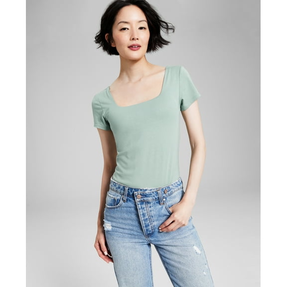 Women's Square-Neck Short-Sleeve Double-Layered Bodysuit Oregano L