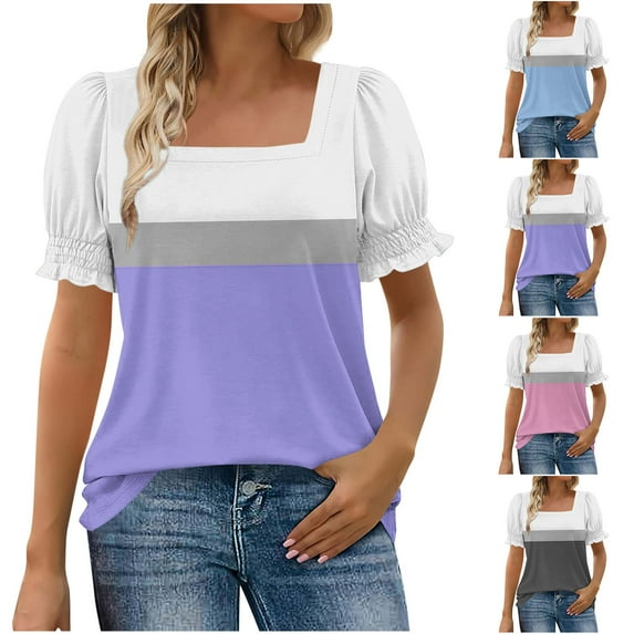 Women's Square Neck Short Sleeve Loose Fit T-Shirt Tops Blouses Solid Color Casual Daily Wear Vacation Beach Fashion Essential Gift for Women | Aestivo,Light Blue XL