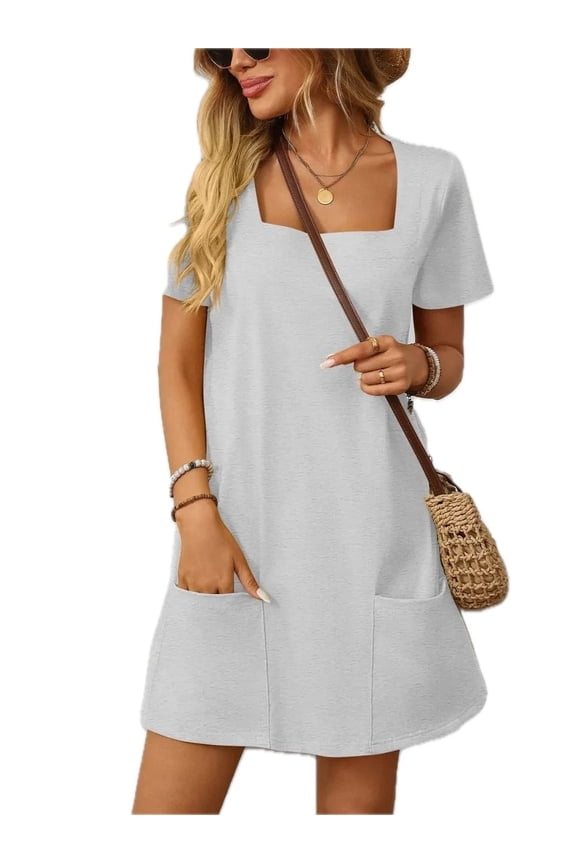 Women's Square Neck Short Sleeve Mini Dress with Pockets Sheer Overlay and Stretch 65% Polyester 30% Viscose 5% Elastane