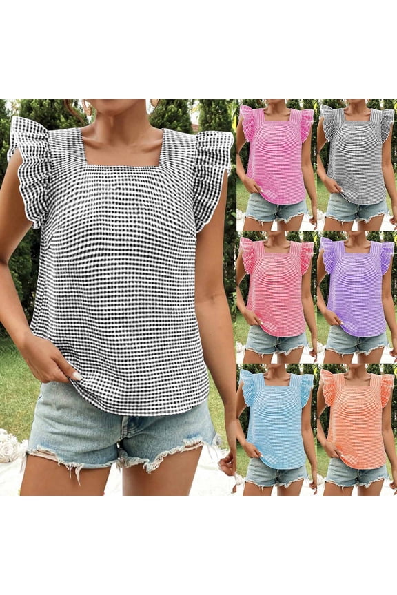 Women's Square Neck Short Sleeve Pullover Top Shirts Blouses Plaid Pattern Ruffled Trim Loose Fit Casual Daily Wear Work Office Vacation Fashion Essential Gift for Women | CSEONE,Gray XL