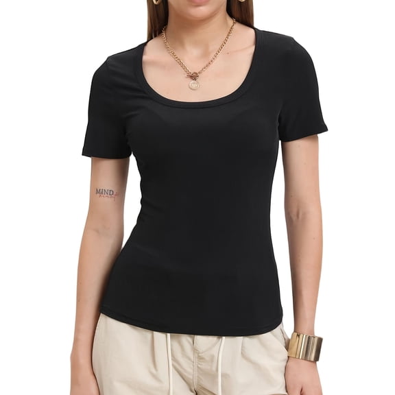Women's Square Neck Ribbed Knit T-Shirt, Short Sleeve Slim Fit Casual Top