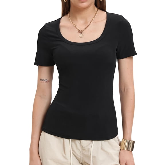 Women's Square Neck Ribbed Knit T-Shirt, Short Sleeve Slim Fit Casual Top