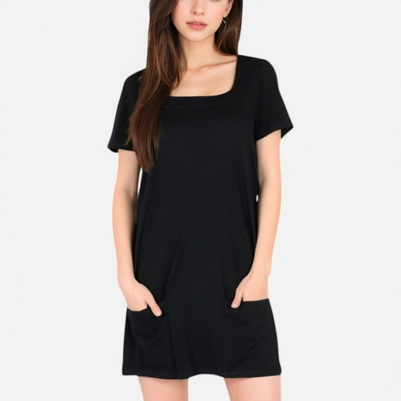 Women's Square Neck Short Sleeve Shift Dress with Front Pockets - Medium, Black