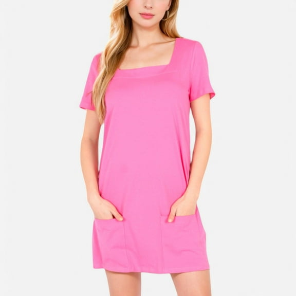 Women's Square Neck Short Sleeve Shift Dress with Front Pockets - Medium, Pink