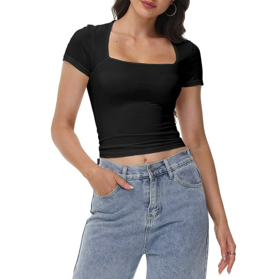 Women's Square Neck Short Sleeve T-Shirt Double Lined Basic Slim Fit Tee for Casual Wear