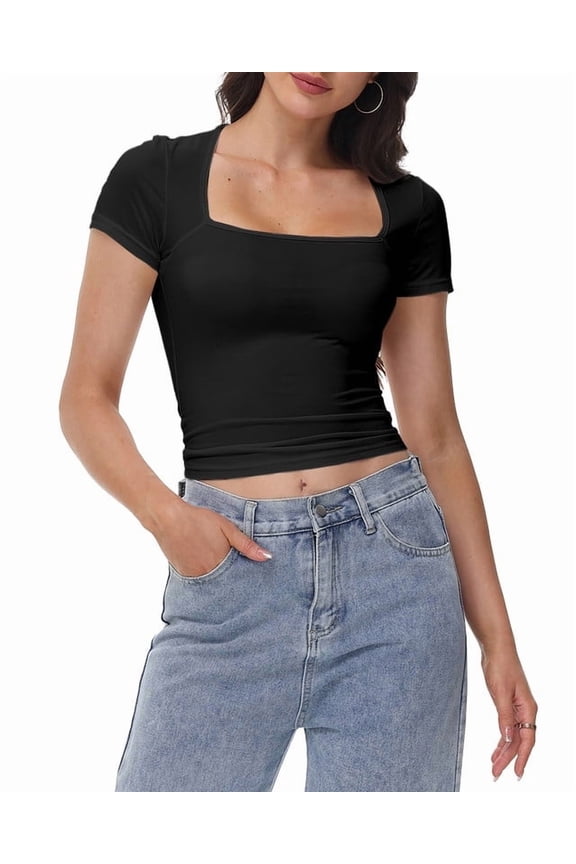 Women's Square Neck Short Sleeve T-Shirt Double Lined Basic Slim Fit Tee for Casual Wear