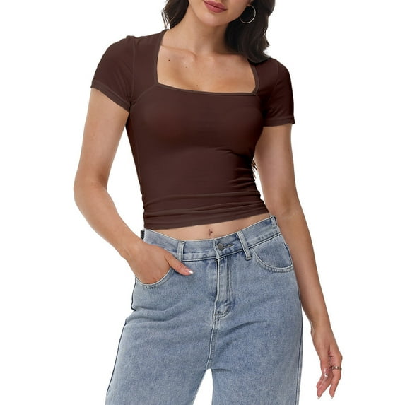 Women's Square Neck Short Sleeve T-Shirt Double Lined Basic Slim Fit Tee for Casual Wear