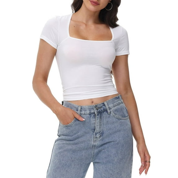 Women's Square Neck Short Sleeve T-Shirt Double Lined Basic Slim Fit Tee for Casual Wear