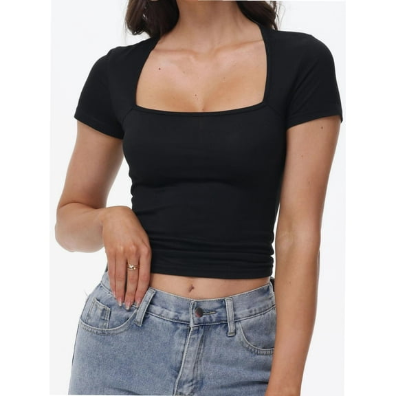 Women's Square Neck Short Sleeve T Shirts Double Lined Basic Tee Slim Fit Tops