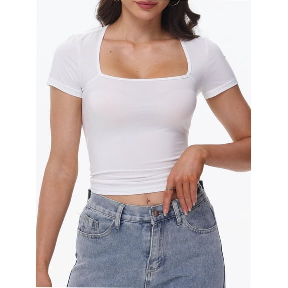 Women's Square Neck Short Sleeve T Shirts Double Lined Basic Tee Slim Fit Tops