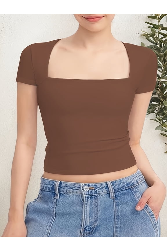 Women's Square Neck Short Sleeve T Shirts Double Lined Basic Tee Slim Fit Tops