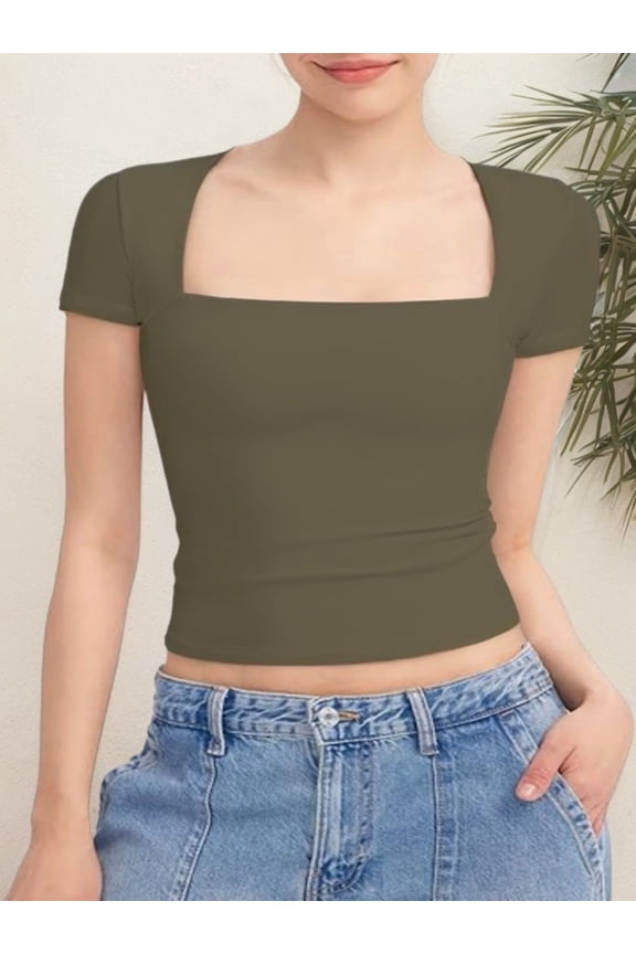 Women's Square Neck Short Sleeve T Shirts Double Lined Basic Tee Slim Fit Tops