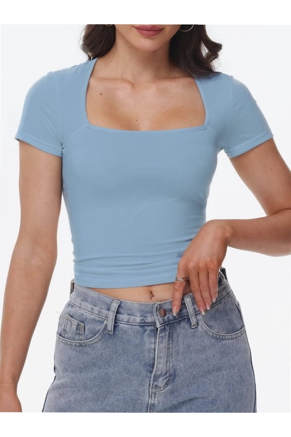 Women's Square Neck Short Sleeve T Shirts Double Lined Basic Tee Slim Fit Tops