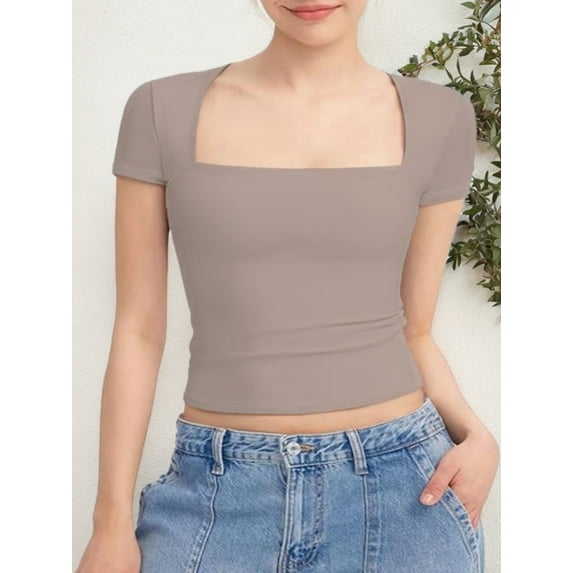Women's Square Neck Short Sleeve T Shirts Double Lined Basic Tee Slim Fit Tops