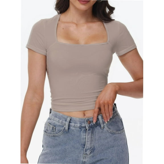 Women's Square Neck Short Sleeve T Shirts Double Lined Basic Tee Slim Fit Tops