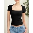 thumbnail image 1 of Women's Square Neck Short Sleeve T Shirts Double Lined Basic Tee Slim Fit Tops, 1 of 6
