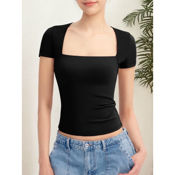 Women's Square Neck Short Sleeve T Shirts Double Lined Basic Tee Slim Fit Tops