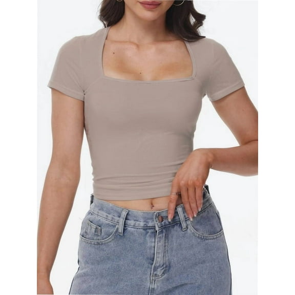 Women's Square Neck Short Sleeve T Shirts Double Lined Basic Tee Slim Fit Tops