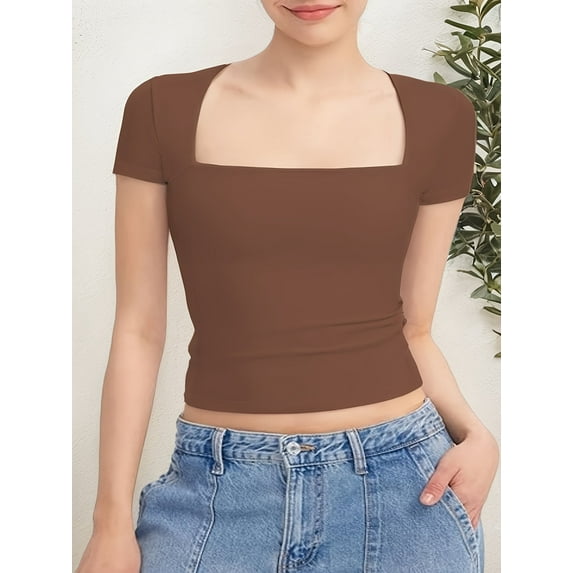 Women's Square Neck Short Sleeve T Shirts Double Lined Basic Tee Slim Fit Tops