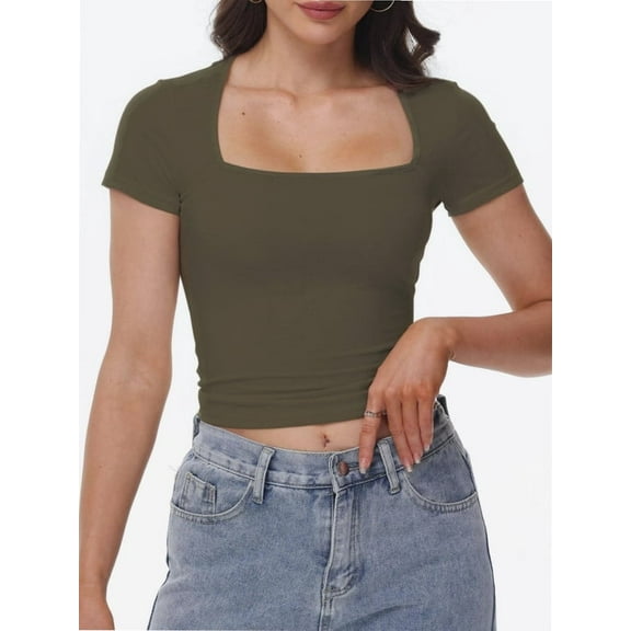 Women's Square Neck Short Sleeve T Shirts Double Lined Basic Tee Slim Fit Tops