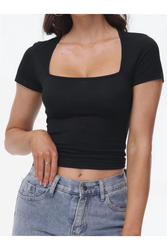 Women's Square Neck Short Sleeve T Shirts Double Lined Basic Tee Slim Fit Tops