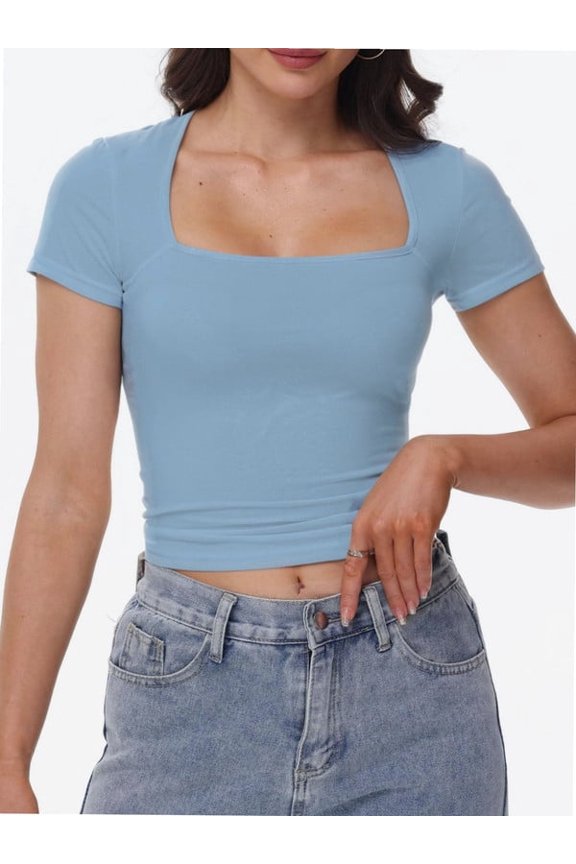 Women's Square Neck Short Sleeve T Shirts Double Lined Basic Tee Slim Fit Tops