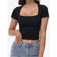 thumbnail image 1 of Women's Square Neck Short Sleeve T Shirts Double Lined Basic Tee Slim Fit Tops, 1 of 6