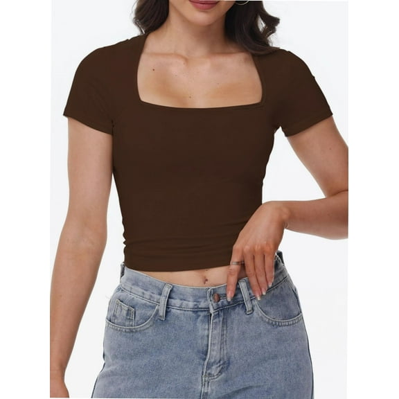 Women's Square Neck Short Sleeve T Shirts Double Lined Basic Tee Slim Fit Tops
