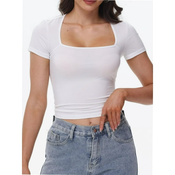 Women's Square Neck Short Sleeve T Shirts Double Lined Basic Tee Slim Fit Tops
