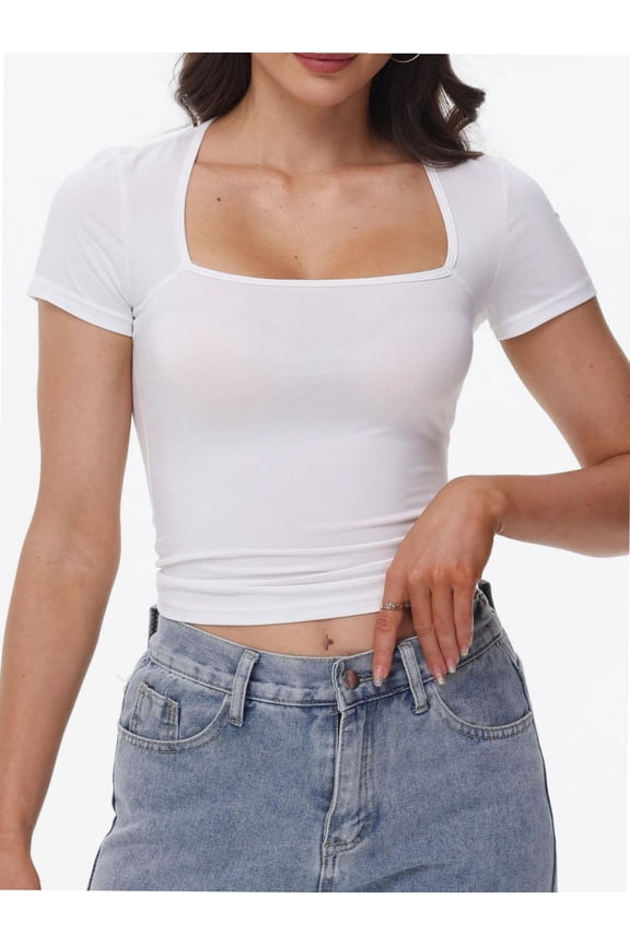 Women's Square Neck Short Sleeve T Shirts Double Lined Basic Tee Slim Fit Tops