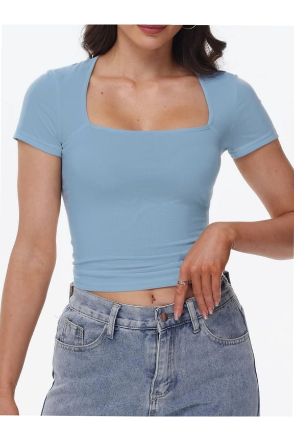 Women's Square Neck Short Sleeve T Shirts Double Lined Basic Tee Slim Fit Tops