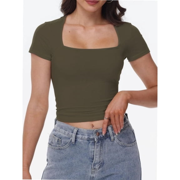 Women's Square Neck Short Sleeve T Shirts Double Lined Basic Tee Slim Fit Tops