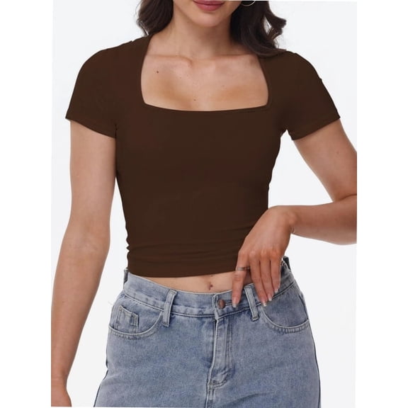 Women's Square Neck Short Sleeve T Shirts Double Lined Basic Tee Slim Fit Tops