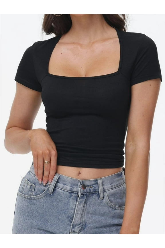 Women's Square Neck Short Sleeve T Shirts Double Lined Basic Tee Slim Fit Tops