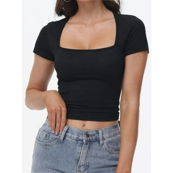 Women's Square Neck Short Sleeve T Shirts Double Lined Basic Tee Slim Fit Tops